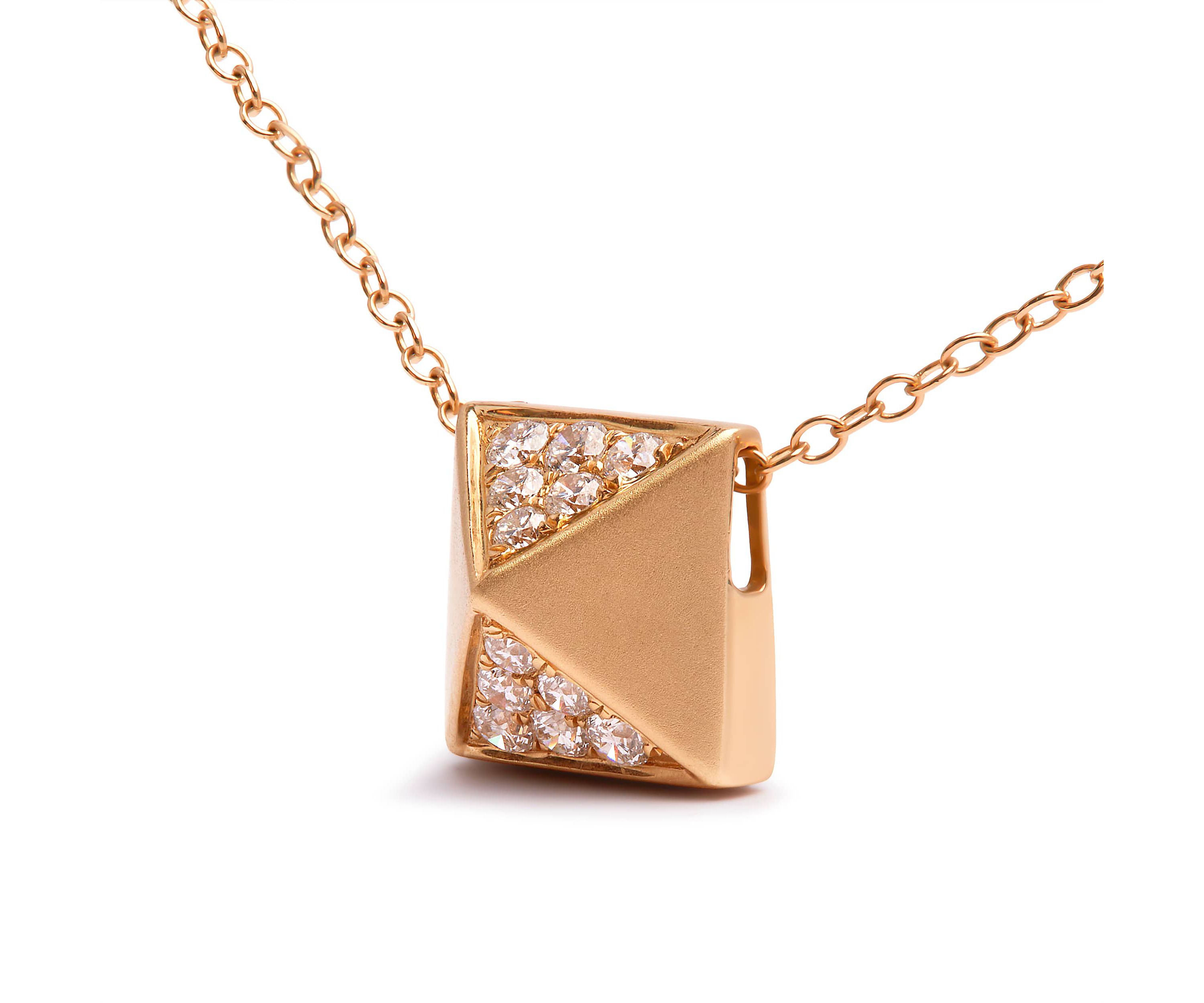 14K Yellow Gold 1/4 Cttw Diamond Matte Finished Pyramid Pendant Necklace - 18 Inches