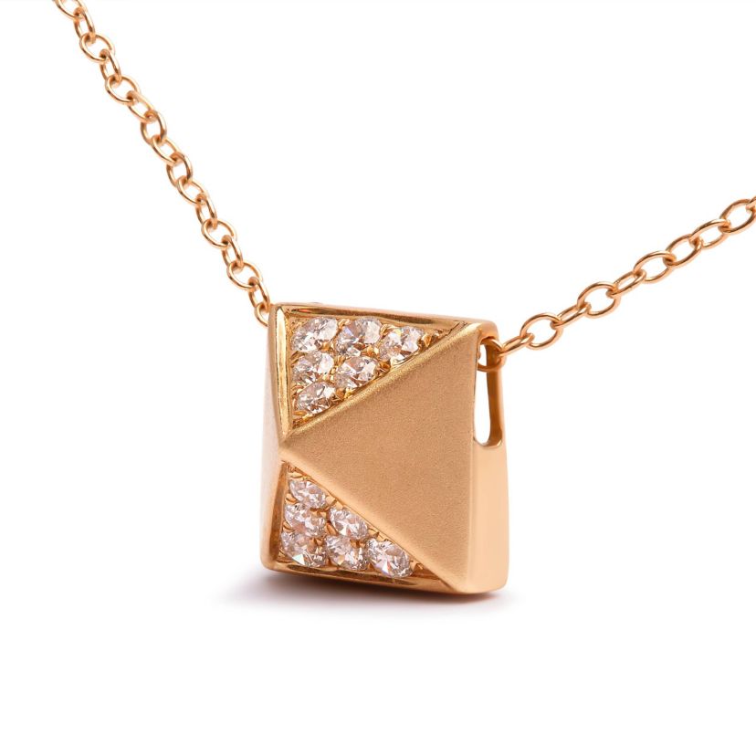 14K Yellow Gold 1/4 Cttw Diamond Matte Finished Pyramid Pendant Necklace - 18 Inches