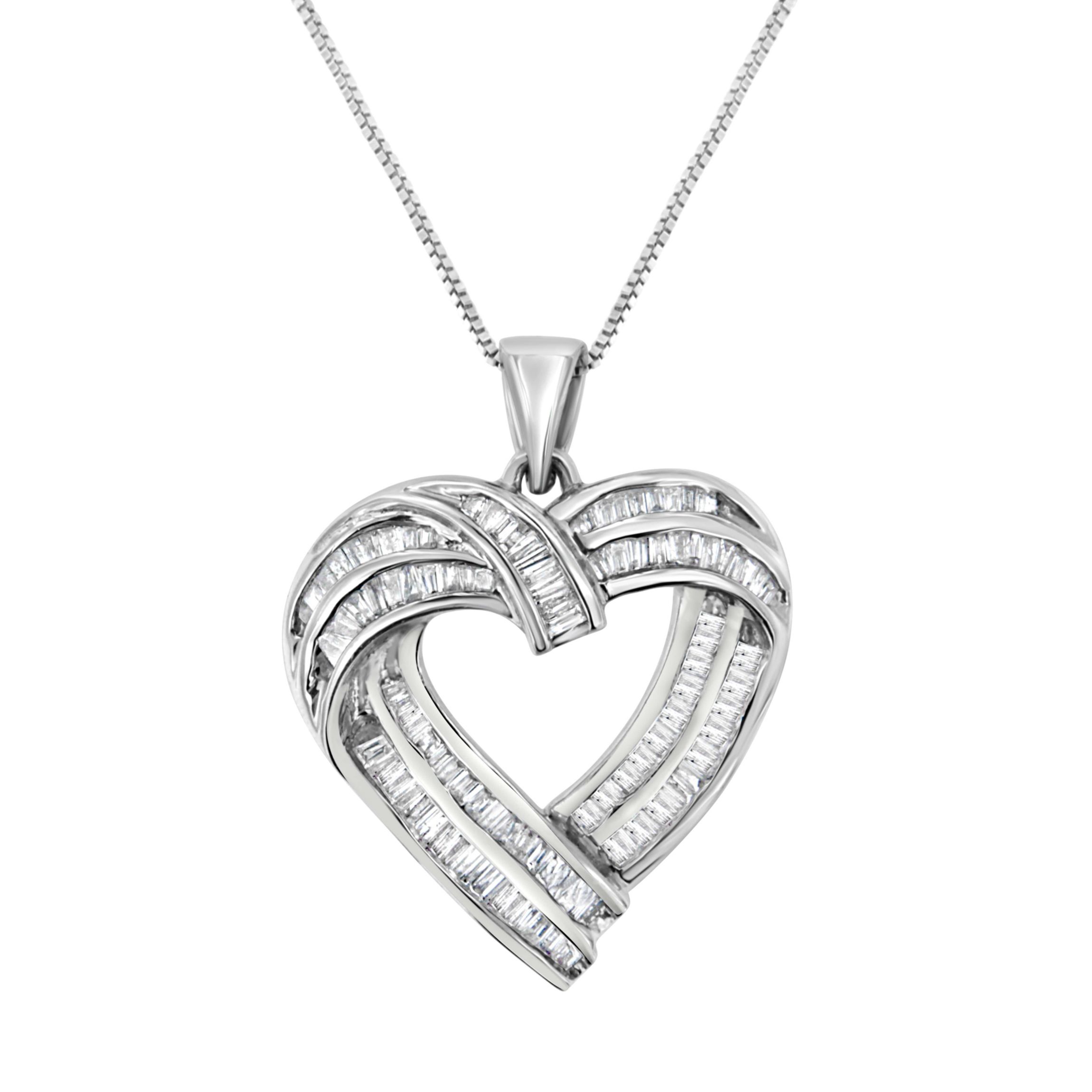 Sterling Silver 7/8 cttw Baguette Diamond Heart Pendant Necklace