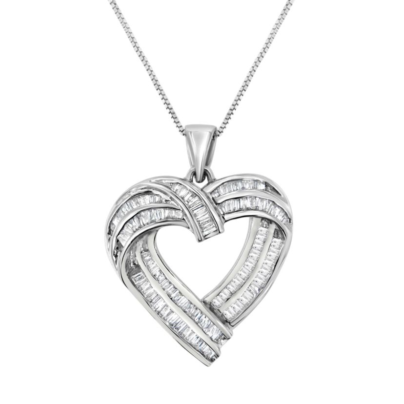 Sterling Silver 7/8 cttw Baguette Diamond Heart Pendant Necklace