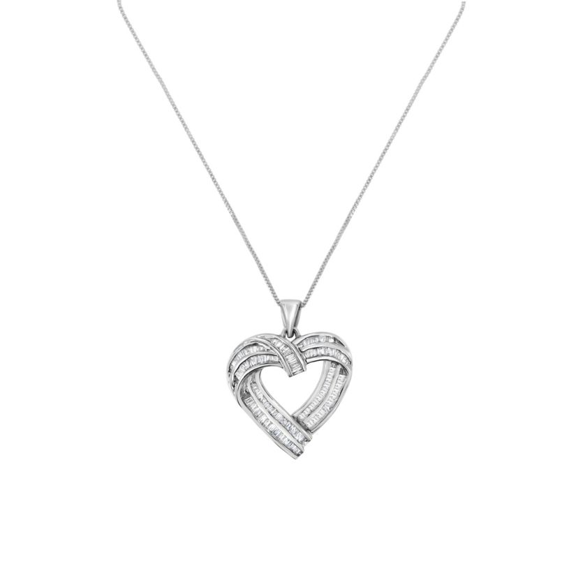 Sterling Silver 7/8 cttw Baguette Diamond Heart Pendant Necklace