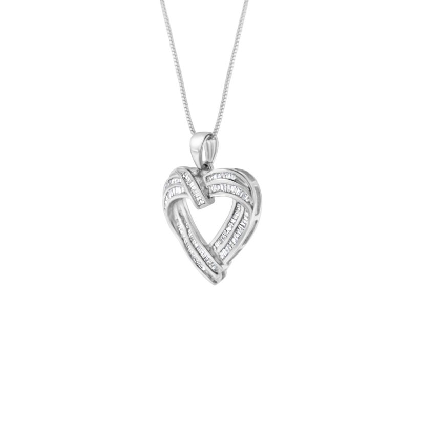 Sterling Silver 7/8 cttw Baguette Diamond Heart Pendant Necklace