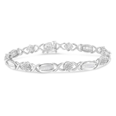 Haus of Brilliance Silver 1.0 Cttw Round-Cut and Baguette-Cut Diamond X-Link Bracelet - 7", White, 7 in