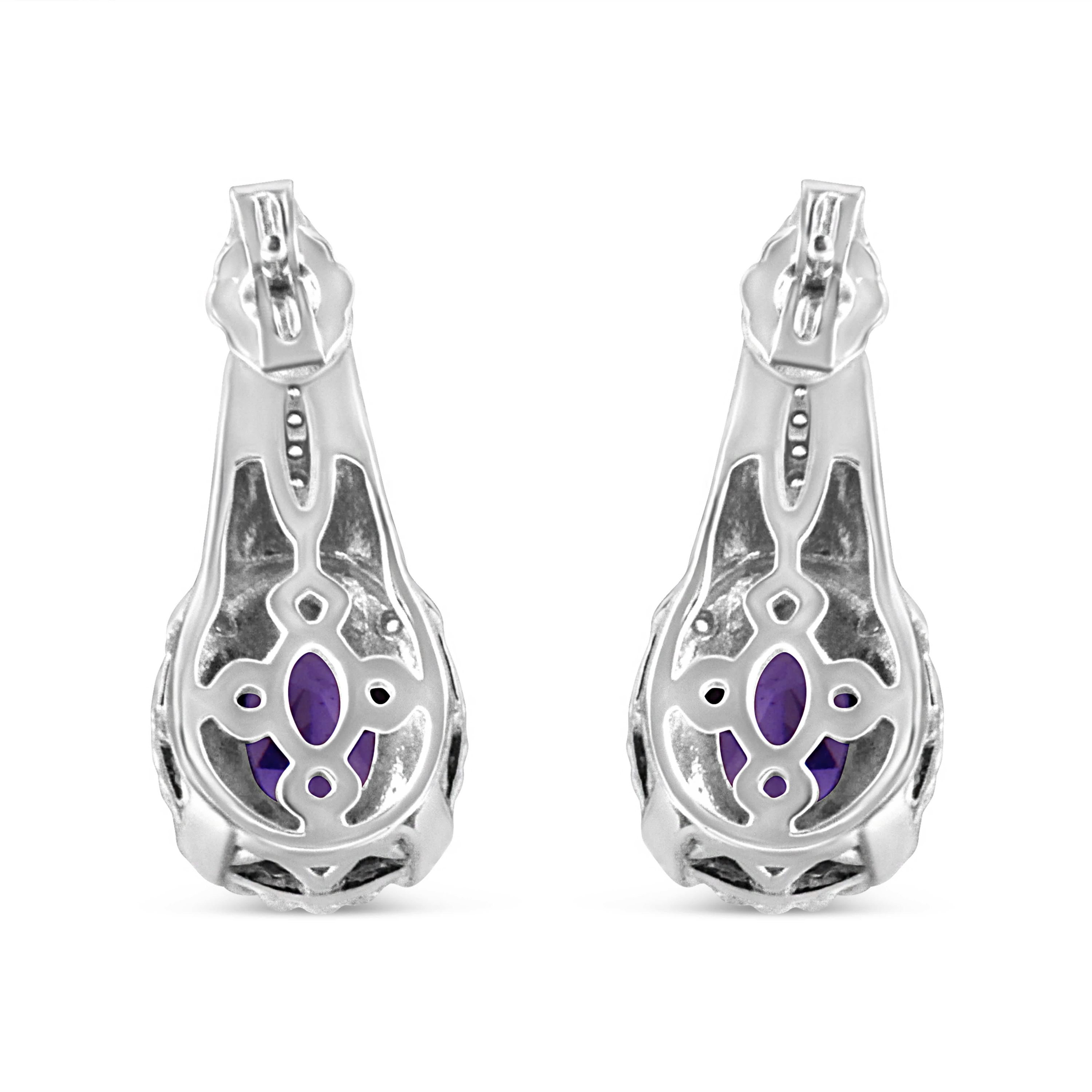 Silver Purple Amethyst and Diamond Accent Art Deco Style Dangle Earrings
