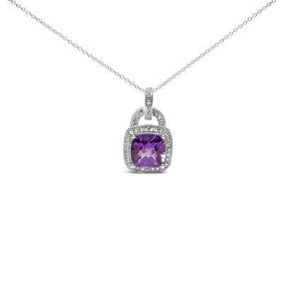 Haus of Brilliance Silver 10X10 MM Cushion Purple Amethyst and Diamond Accent Halo 18" Pendant Necklace, White, 18 in