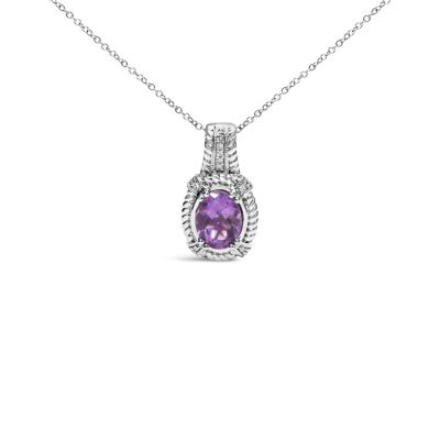 Haus of Brilliance Silver 9x7mm Oval Purple Amethyst and Diamond Accent Fashion Drop Pendant Necklace, White, 18 in