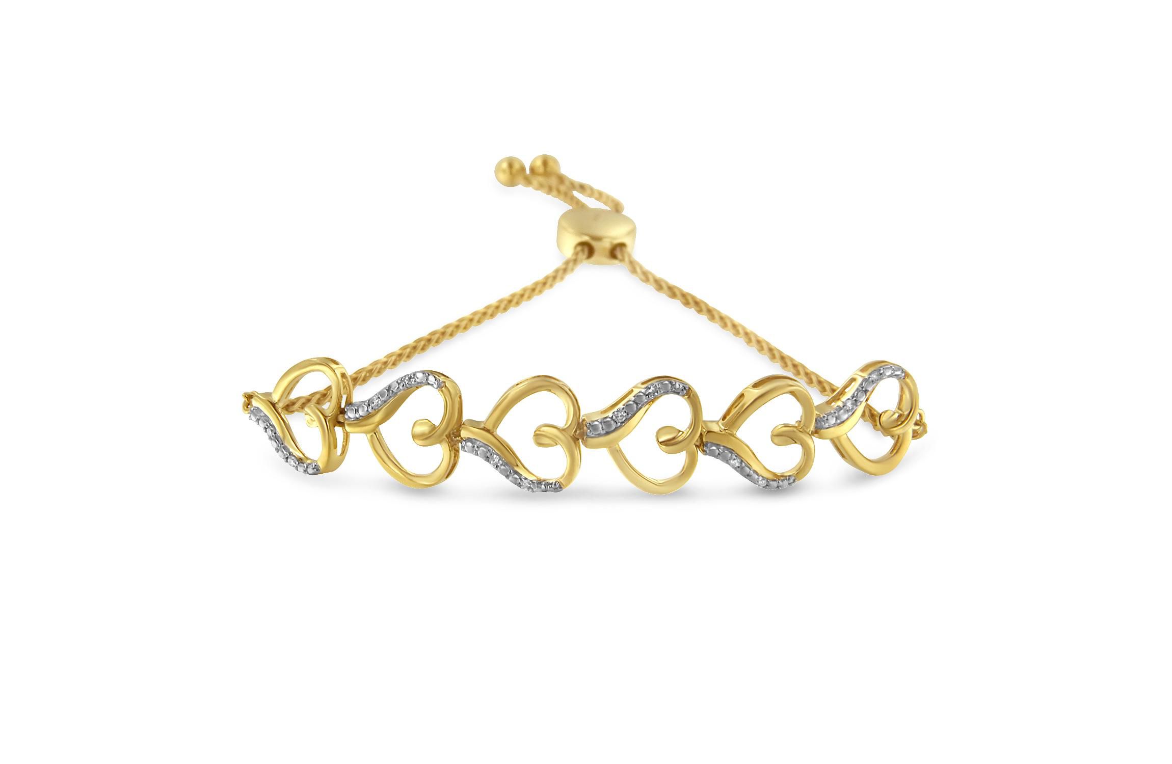 14K Yellow Gold Plated Silver Diamond Accent Heart Link Bolo Bracelet