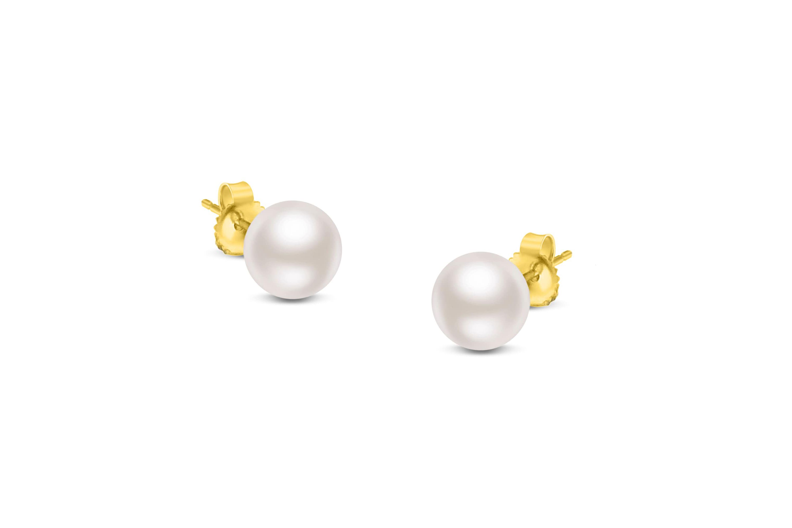 14K Yellow Gold White 7.5-8.0MM Saltwater Akoya Cultured Pearl Stud Earrings
