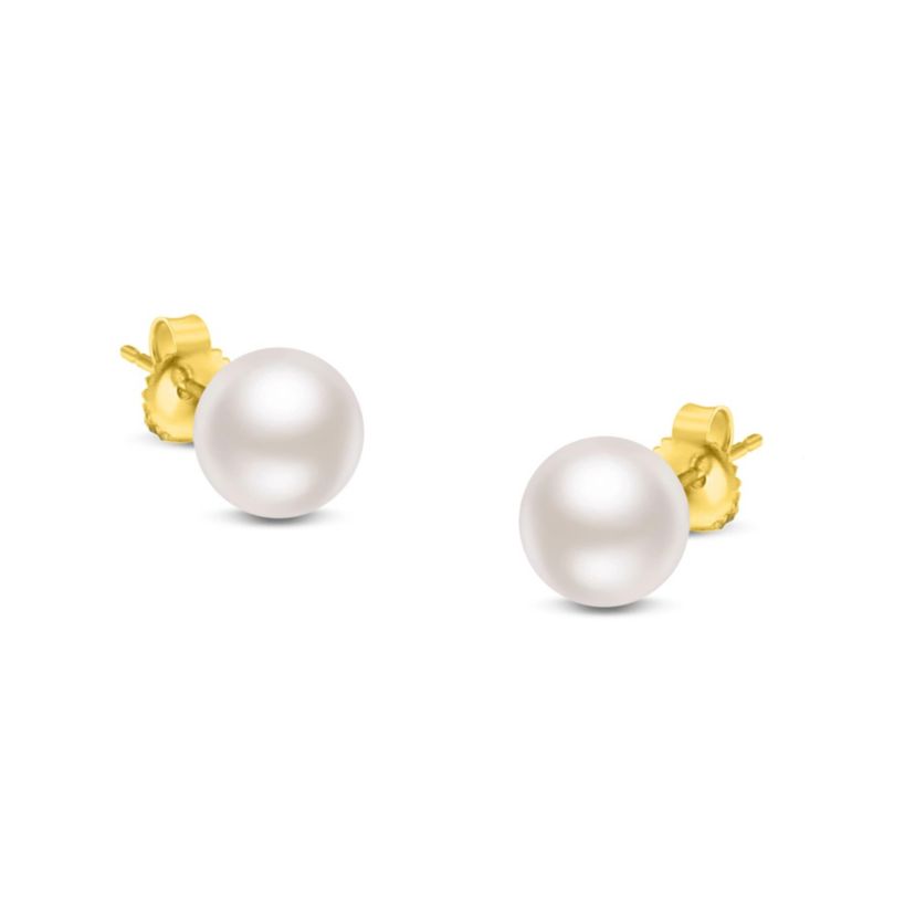 14K Yellow Gold White 7.5-8.0MM Saltwater Akoya Cultured Pearl Stud Earrings