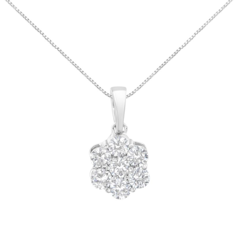 14K White Gold 1 cttw Brilliant Diamond 7 Stone Flower 18" Pendant Necklace