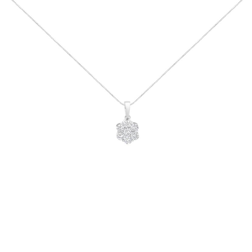 14K White Gold 1 cttw Brilliant Diamond 7 Stone Flower 18" Pendant Necklace