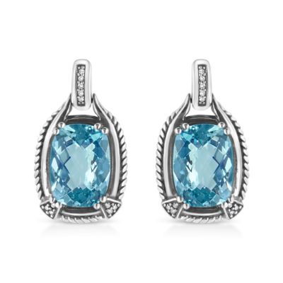 Haus of Brilliance Silver 14x10MM Cushion Blue Topaz Gemstone and Diamond Accent Dangle Earring