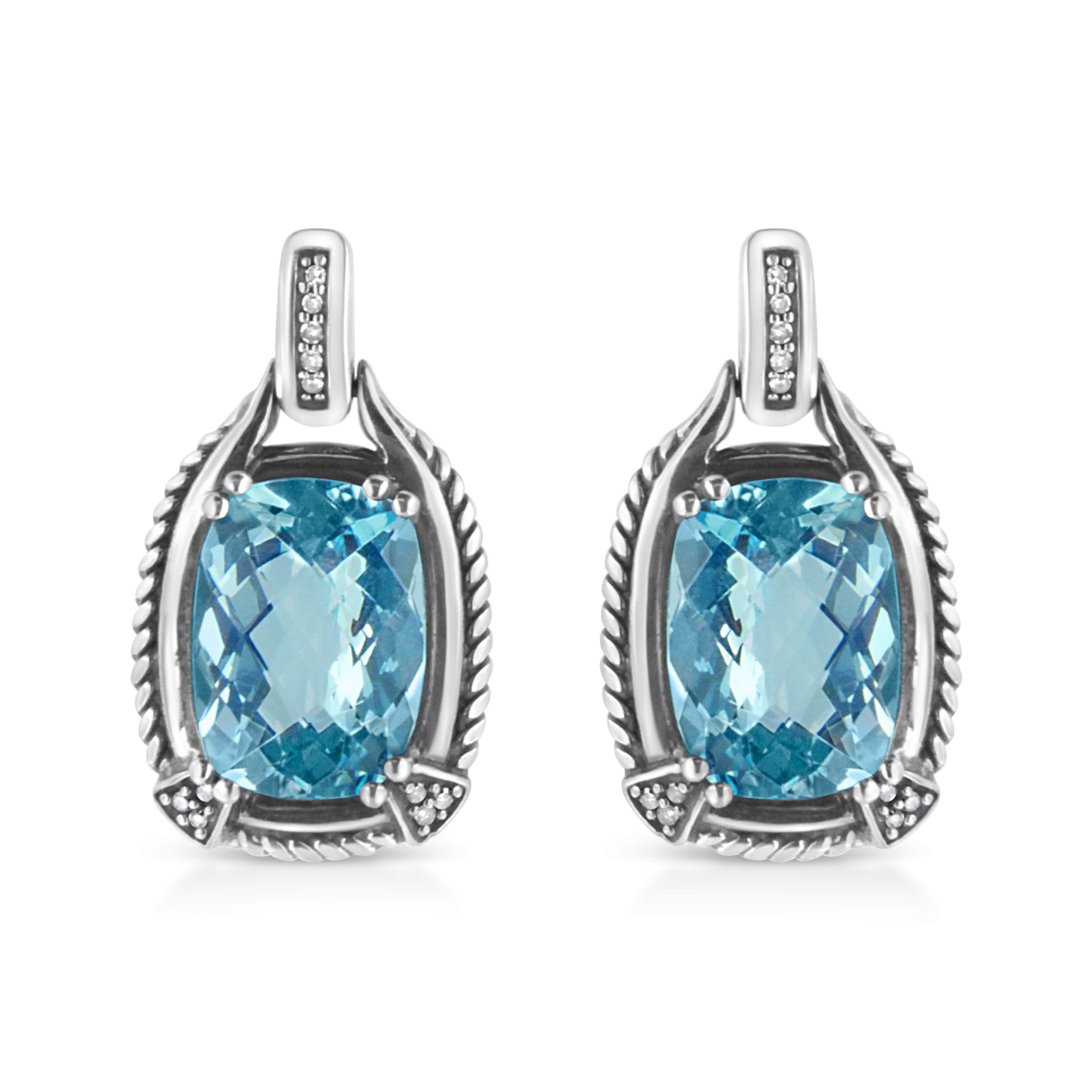 Silver 14x10MM Cushion Blue Topaz Gemstone and Diamond Accent Dangle Earring