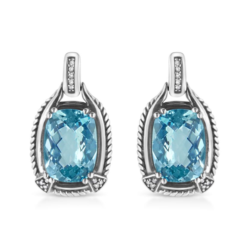 Silver 14x10MM Cushion Blue Topaz Gemstone and Diamond Accent Dangle Earring