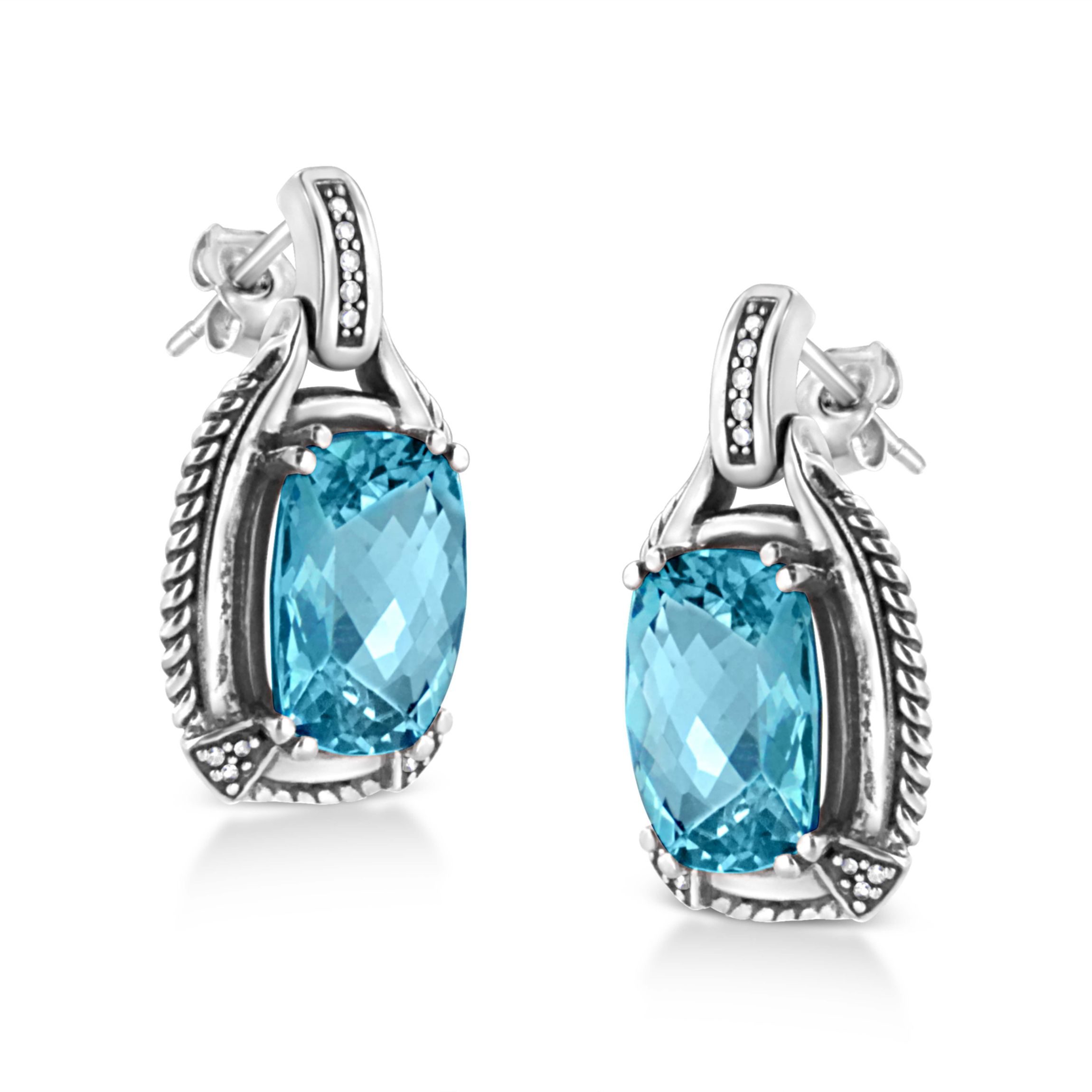 Silver 14x10MM Cushion Blue Topaz Gemstone and Diamond Accent Dangle Earring