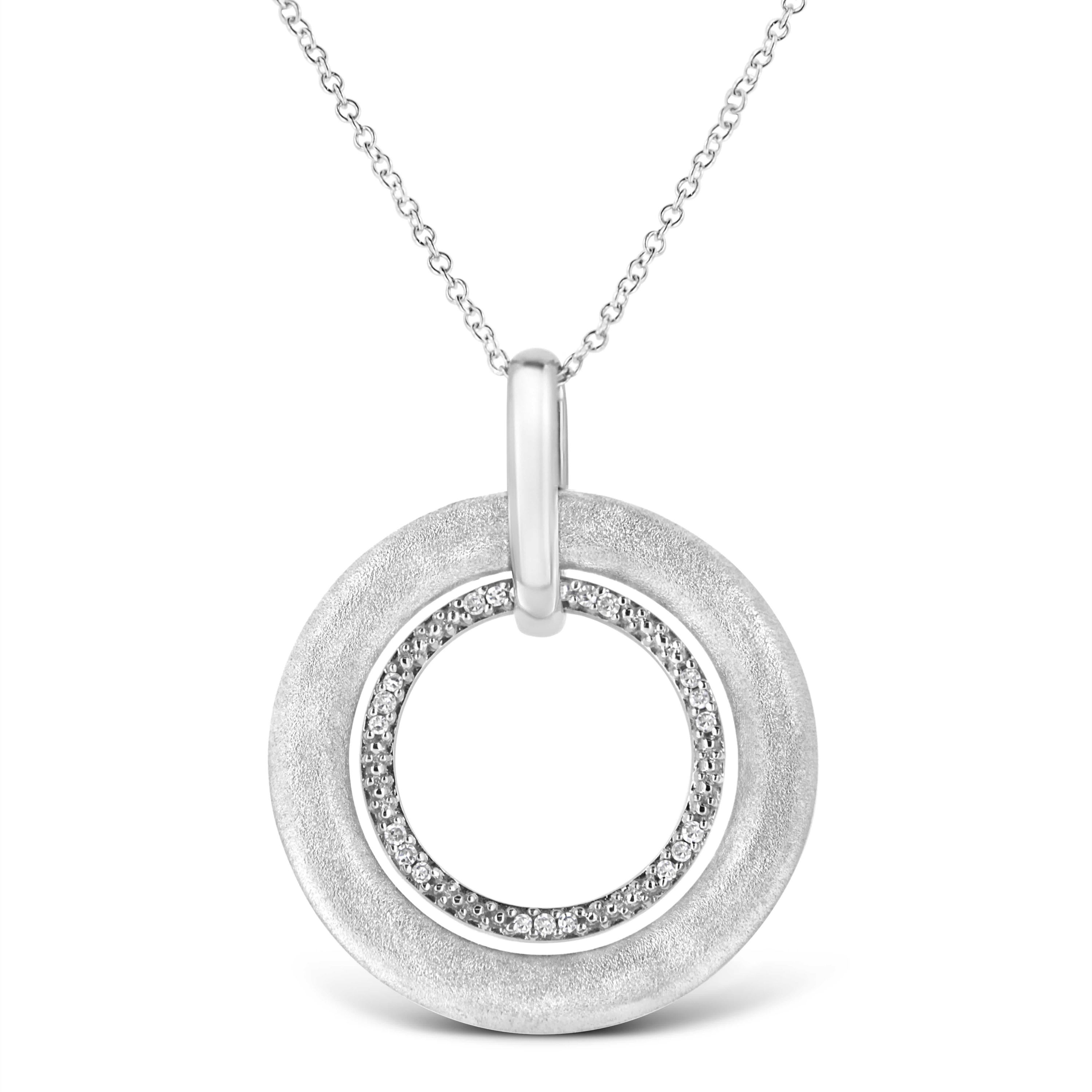 Silver Prong-Set Diamond Accent Satin Finished Double Circle 18" Pendant Necklace
