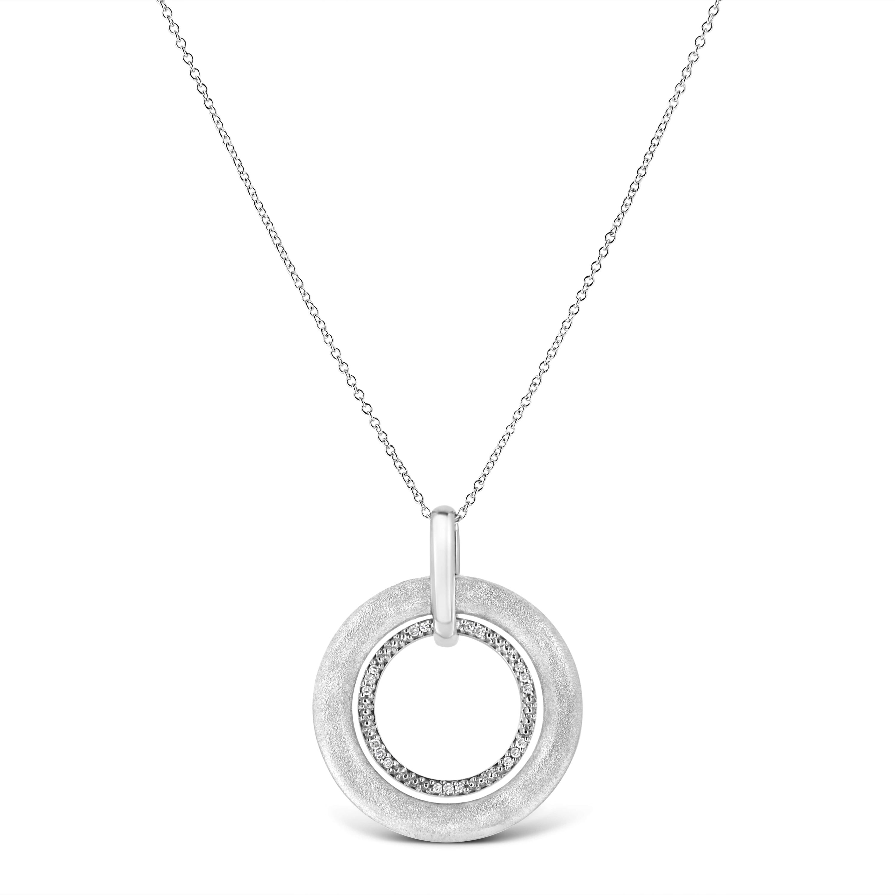 Silver Prong-Set Diamond Accent Satin Finished Double Circle 18" Pendant Necklace
