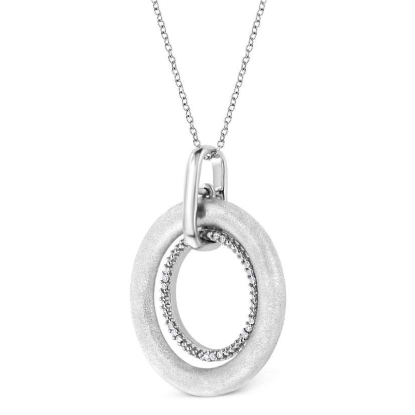 Silver Prong-Set Diamond Accent Satin Finished Double Circle 18" Pendant Necklace