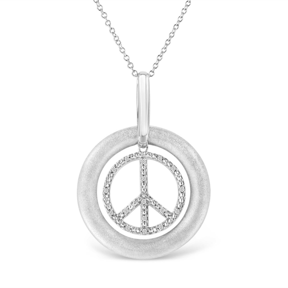 Matte Finish Silver Diamond Accent Dancing Peace Sign 18" Pendant Necklace