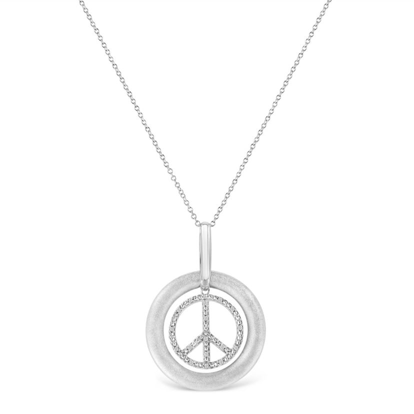 Matte Finish Silver Diamond Accent Dancing Peace Sign 18" Pendant Necklace