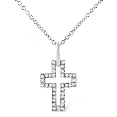 Haus of Brilliance Silver 1/10 cttw Pave-Set Round-Cut Diamond Open Cross 18" Pendant Necklace, White, 18 in