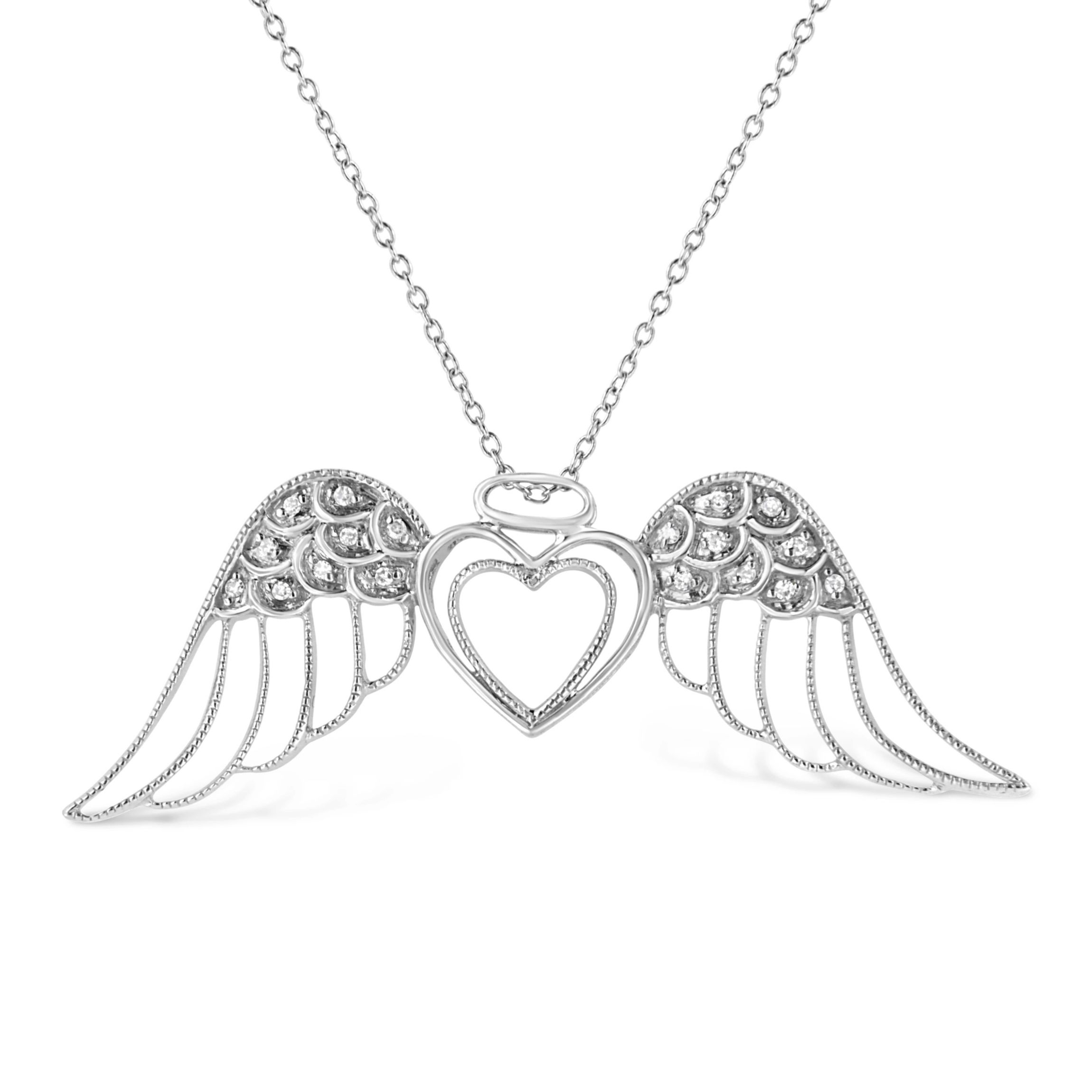 Silver Pave-Set Diamond Accent Angel Wing 18" Double Heart Pendant Necklace