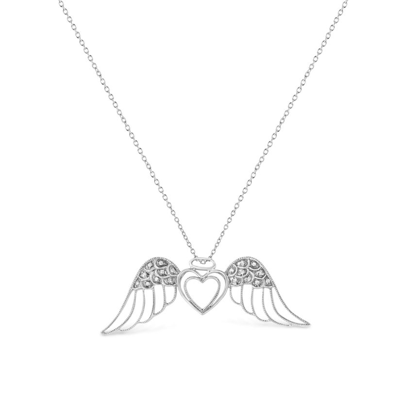 Silver Pave-Set Diamond Accent Angel Wing 18" Double Heart Pendant Necklace