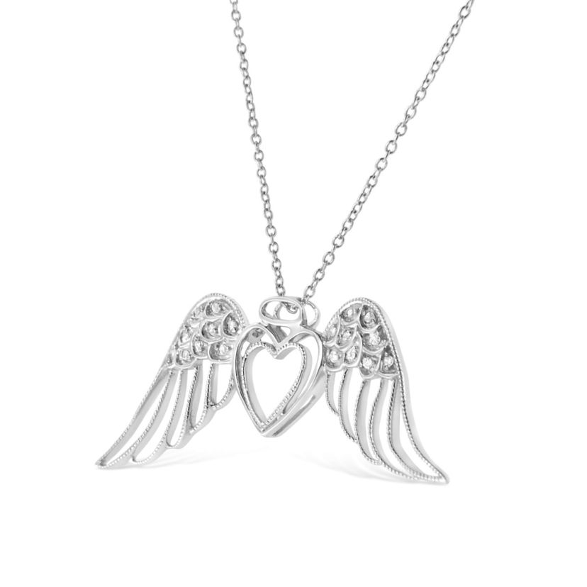 Silver Pave-Set Diamond Accent Angel Wing 18" Double Heart Pendant Necklace