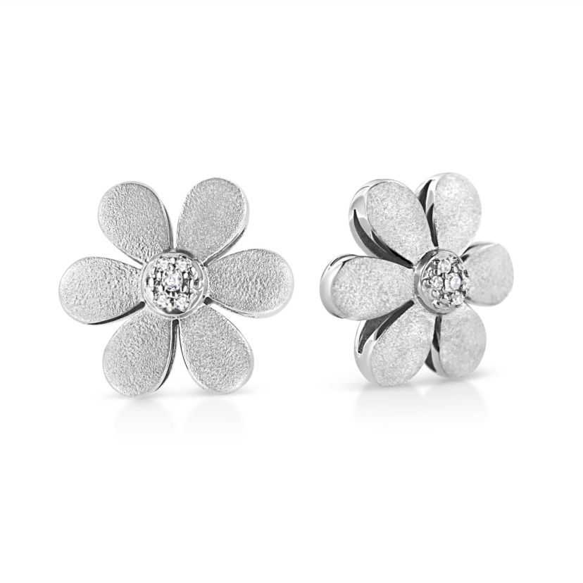 Matte Finished Silver Diamond Accent Flower Hoop Stud Earring
