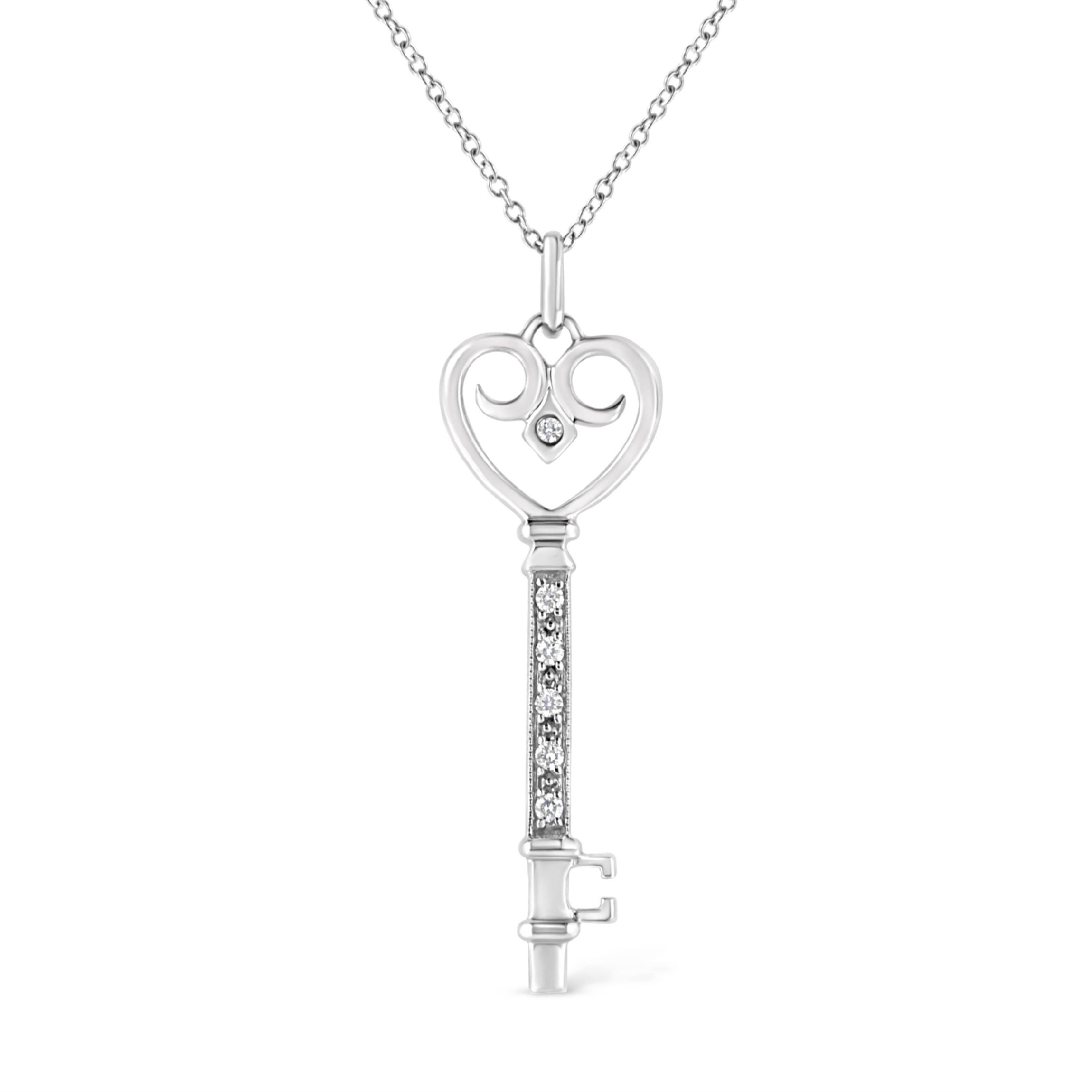 Silver Pave and Bezel-Set Diamond Accent Key 18" Heart and Lock Pendant Necklace