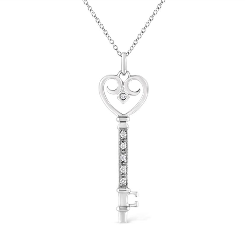 Silver Pave and Bezel-Set Diamond Accent Key 18" Heart and Lock Pendant Necklace