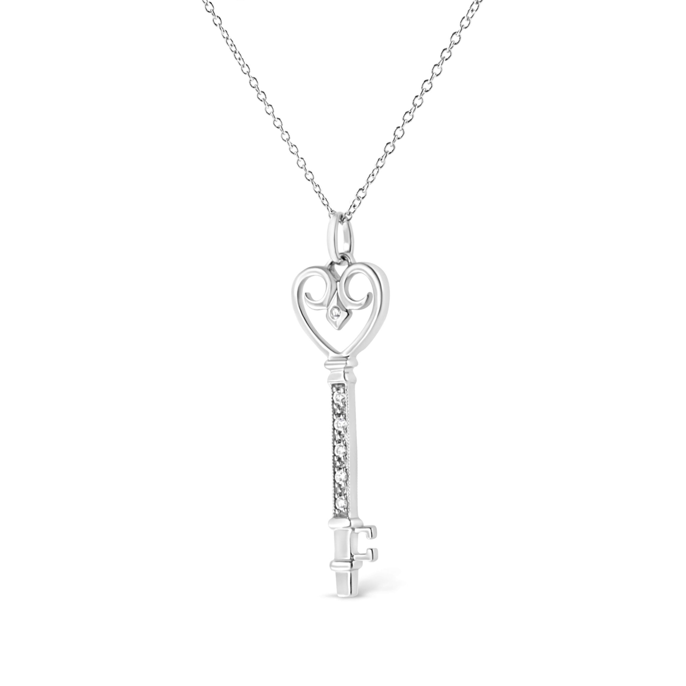 Silver Pave and Bezel-Set Diamond Accent Key 18" Heart and Lock Pendant Necklace