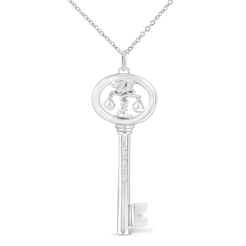 .925 Sterling Silver Diamond Accent Libra Zodiac Key 18" Pendant Necklace