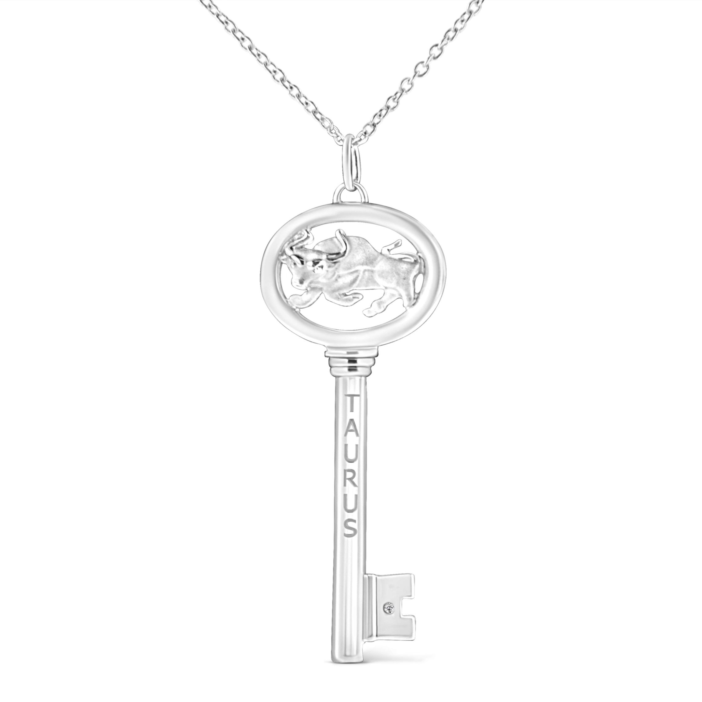.925 Sterling Silver Diamond Accent Taurus Zodiac Key 18" Pendant Necklace