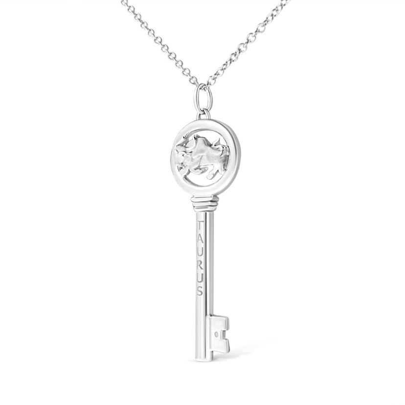 .925 Sterling Silver Diamond Accent Taurus Zodiac Key 18" Pendant Necklace