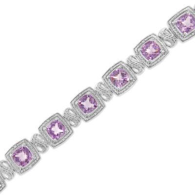 Haus of Brilliance Silver 7x7 mm Cushion Purple Amethyst and 1/10 cttw Diamond Tennis Bracelet, White, 7 in