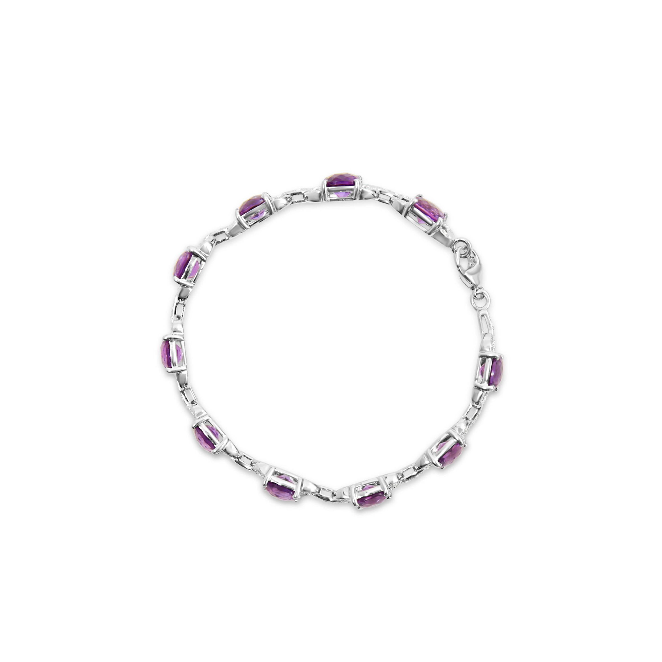 Silver 7mm Cushion Cut Amethyst Gemstone and Diamond Tennis Link Bracelet