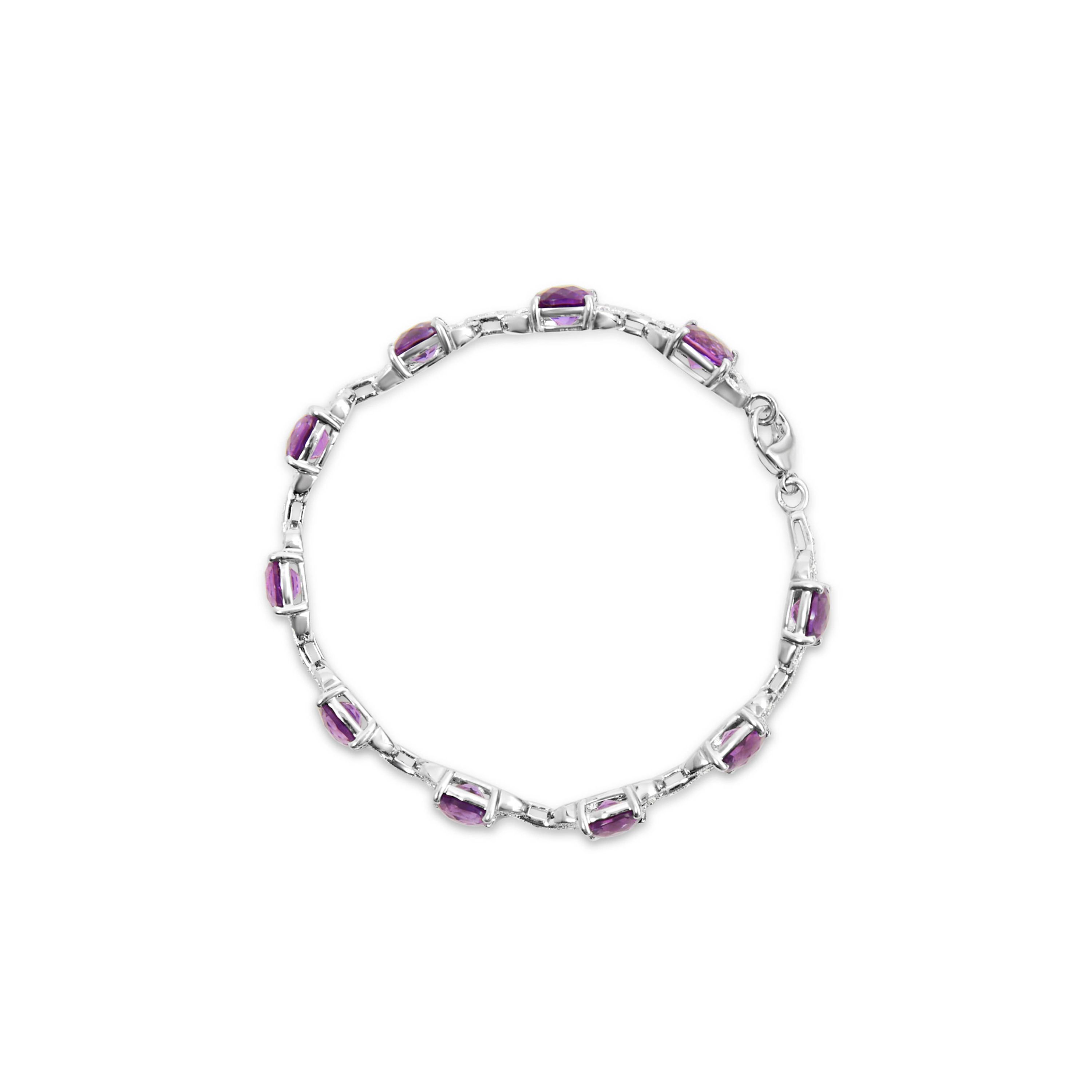Silver 7mm Cushion Cut Amethyst Gemstone and Diamond Tennis Link Bracelet