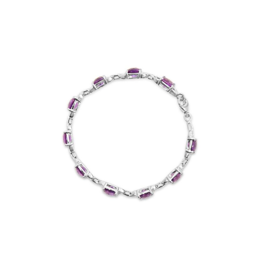 Silver 7mm Cushion Cut Amethyst Gemstone and Diamond Tennis Link Bracelet