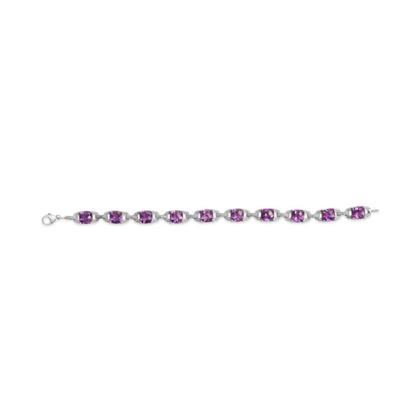 Silver 7mm Cushion Cut Amethyst Gemstone and Diamond Tennis Link Bracelet