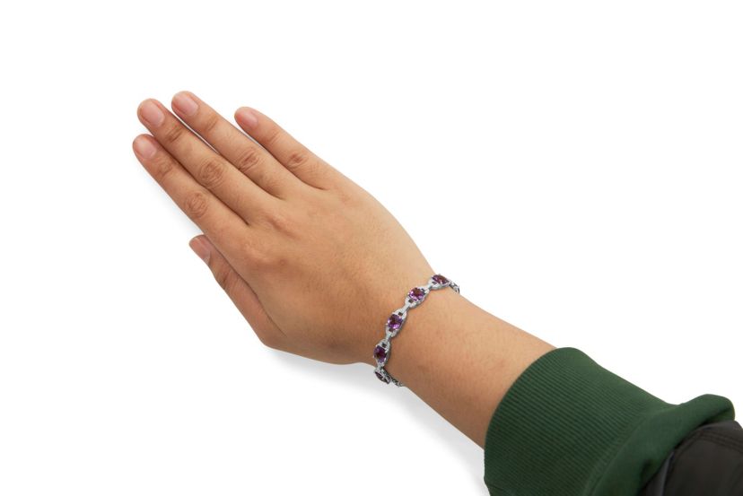 Silver 7mm Cushion Cut Amethyst Gemstone and Diamond Tennis Link Bracelet