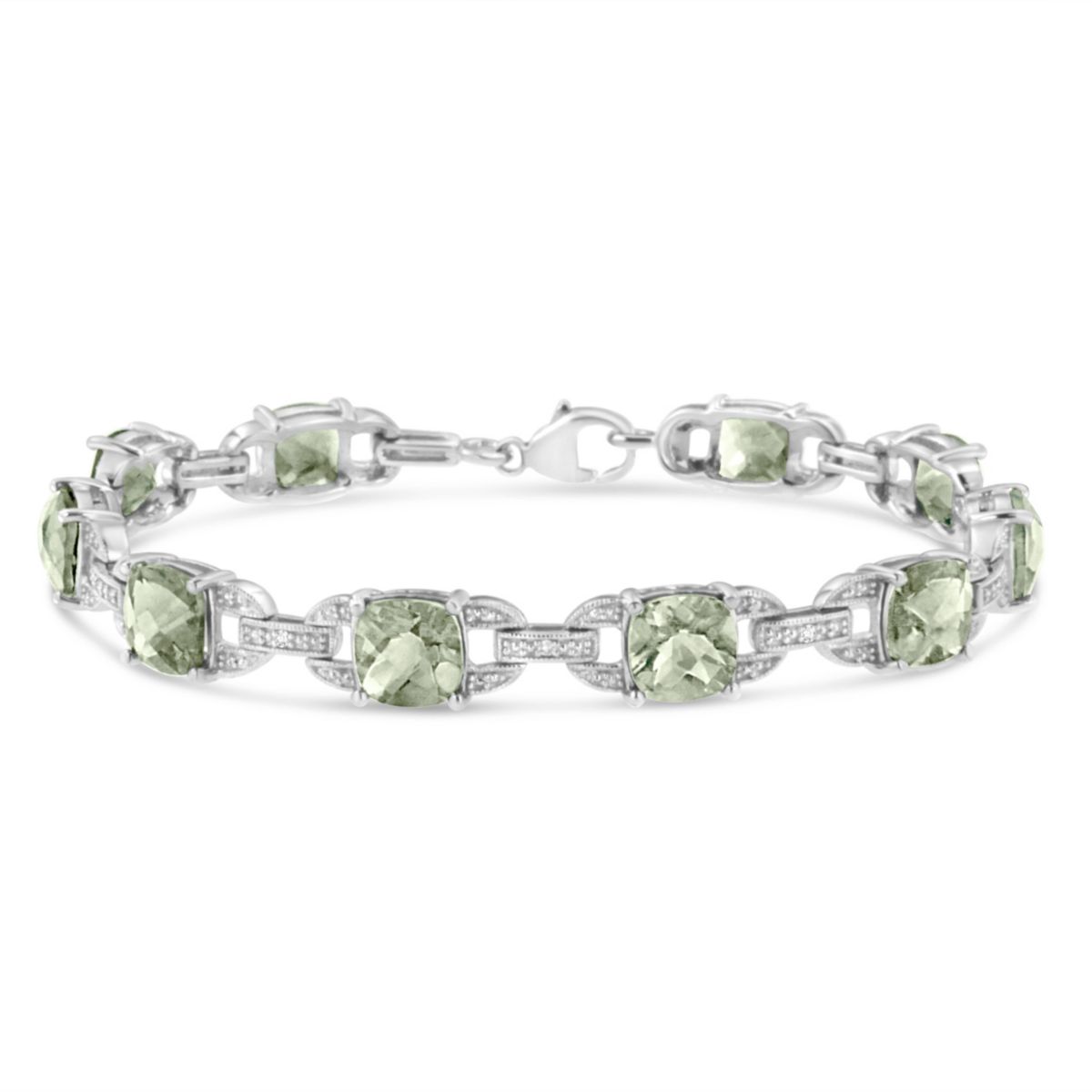 Silver 7x7 mm Green Amethyst and Diamond Accent Tennis Bracelet - 7"