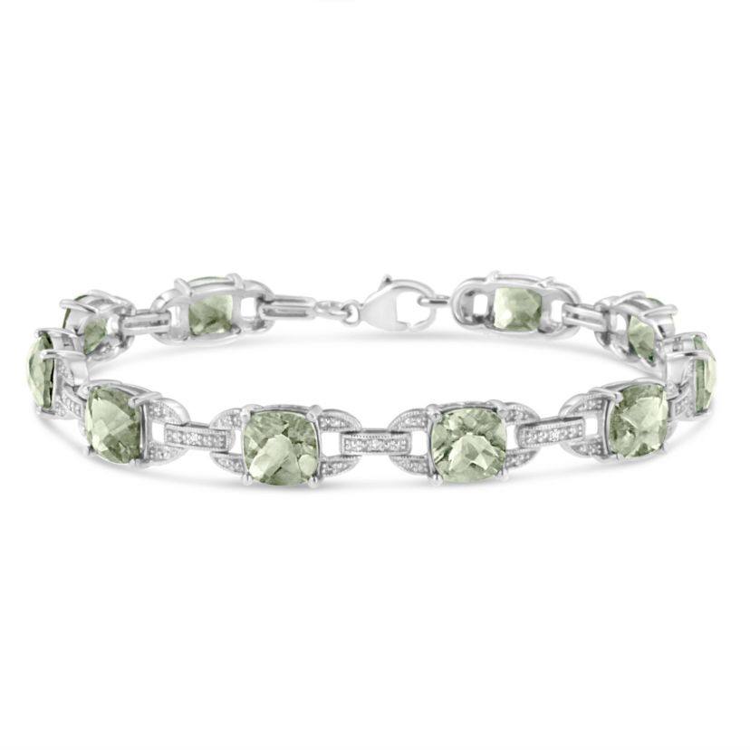 Silver 7x7 mm Green Amethyst and Diamond Accent Tennis Bracelet - 7"