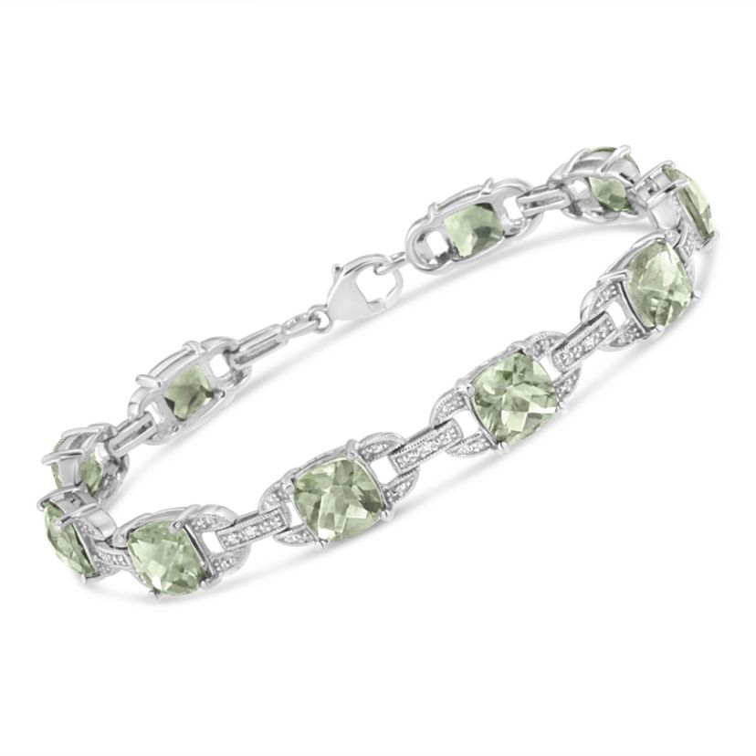 Silver 7x7 mm Green Amethyst and Diamond Accent Tennis Bracelet - 7"