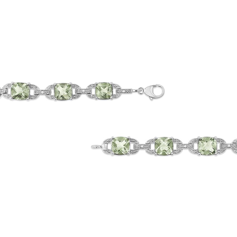 Silver 7x7 mm Green Amethyst and Diamond Accent Tennis Bracelet - 7"