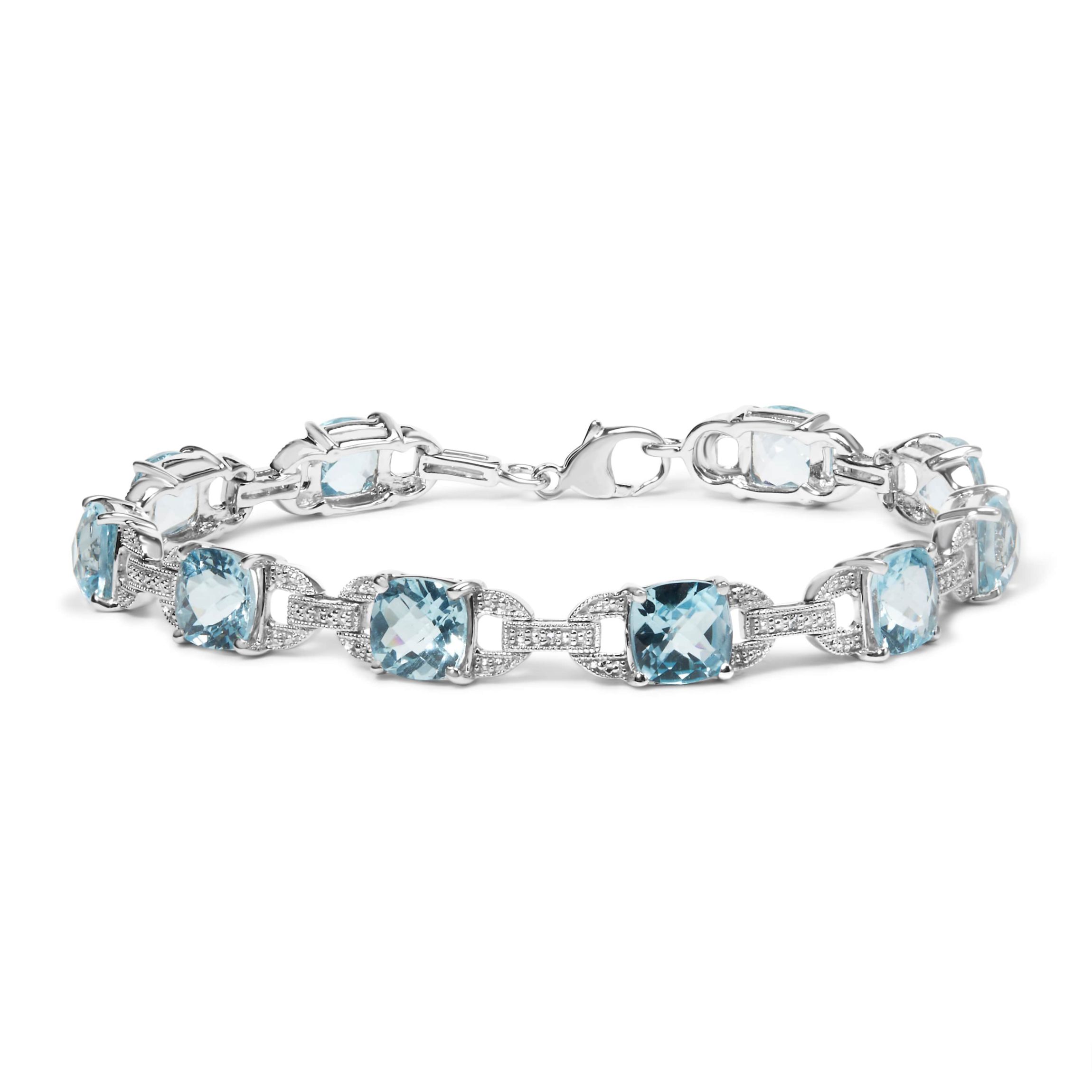 Silver 7x7 mm Cushion Cut Blue Topaz and Diamond Accent Tennis Bracelet