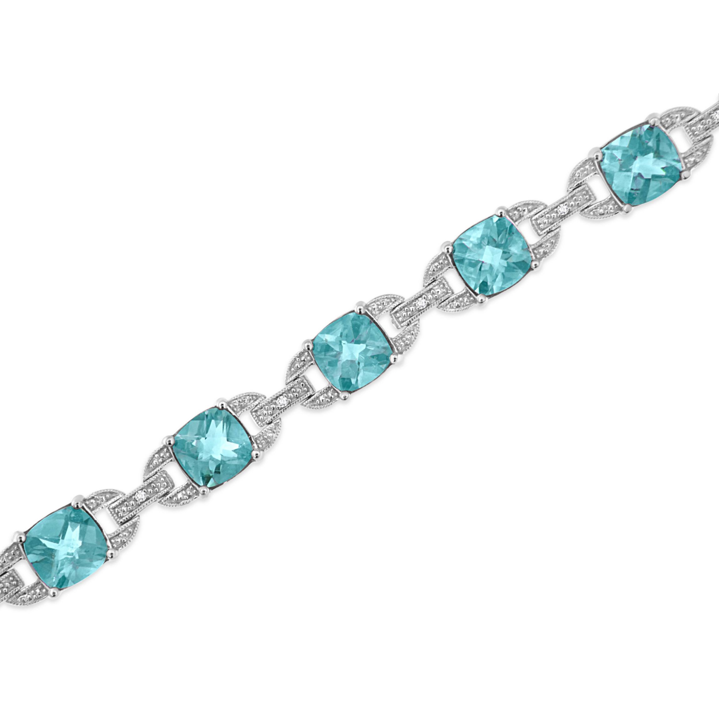 Silver 7x7 mm Cushion Cut Blue Topaz and Diamond Accent Tennis Bracelet