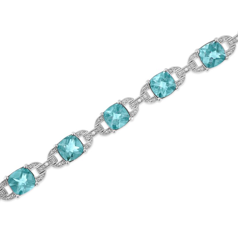 Silver 7x7 mm Cushion Cut Blue Topaz and Diamond Accent Tennis Bracelet