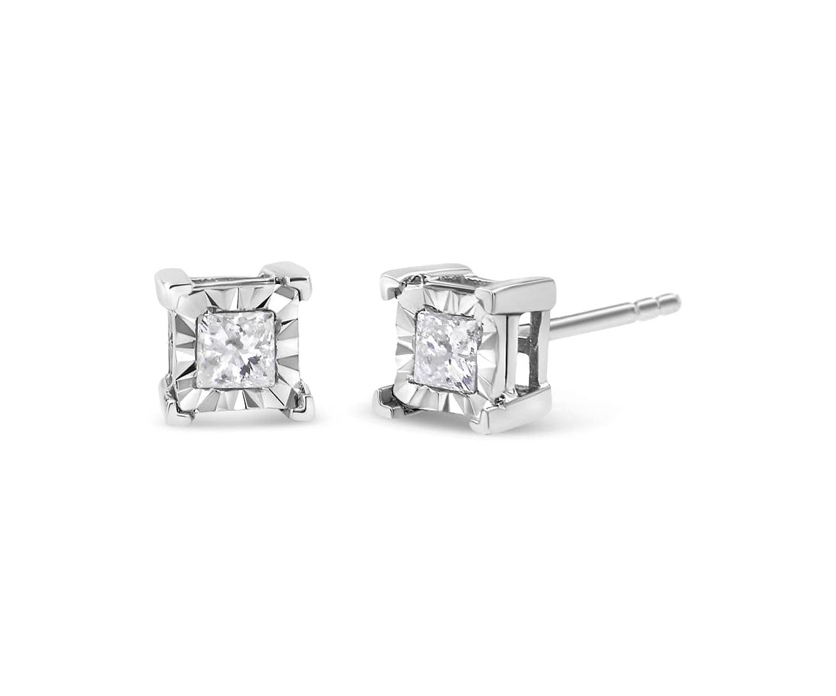 Silver 1/3 Ct Miracle Princess Solitaire Stud Earrings