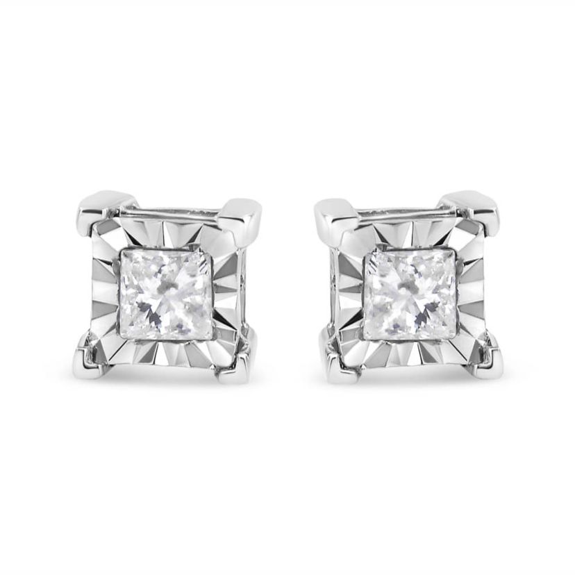 Silver 5/8 Ct Miracle Princess Solitaire Stud Earrings